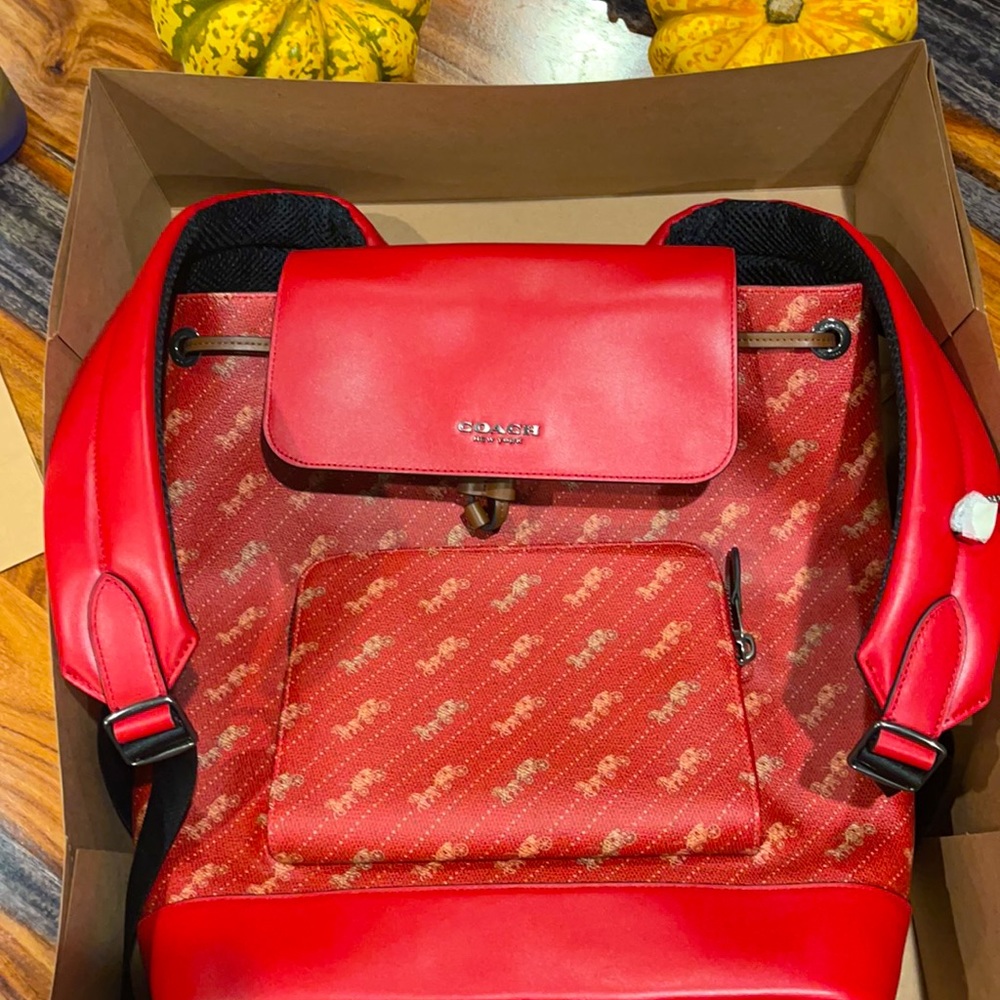 Coach New York Unisex Bright Red Coach Carriage Logo Back pack.